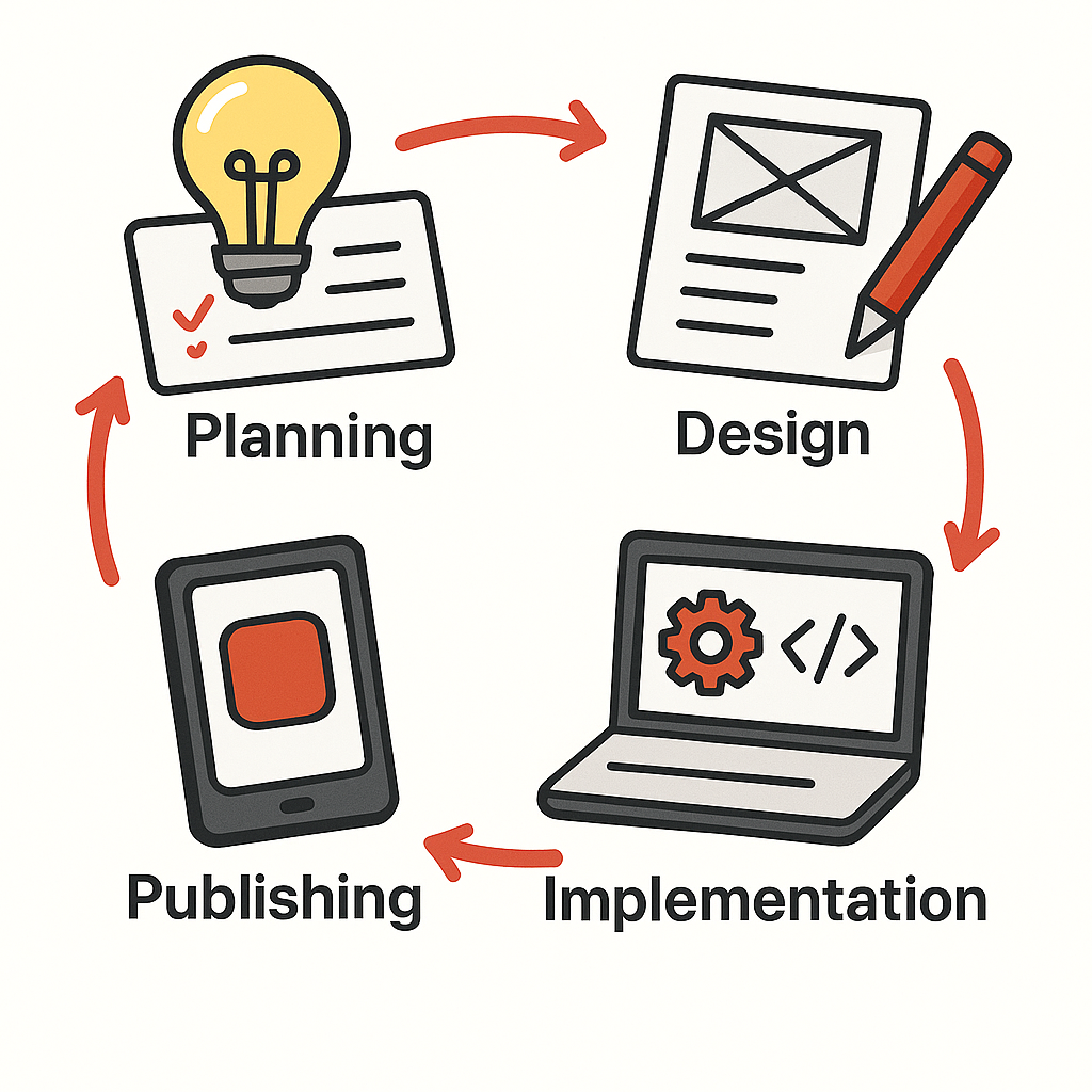 30-day MVP development process: Planning → Design → Implementation → Publishing