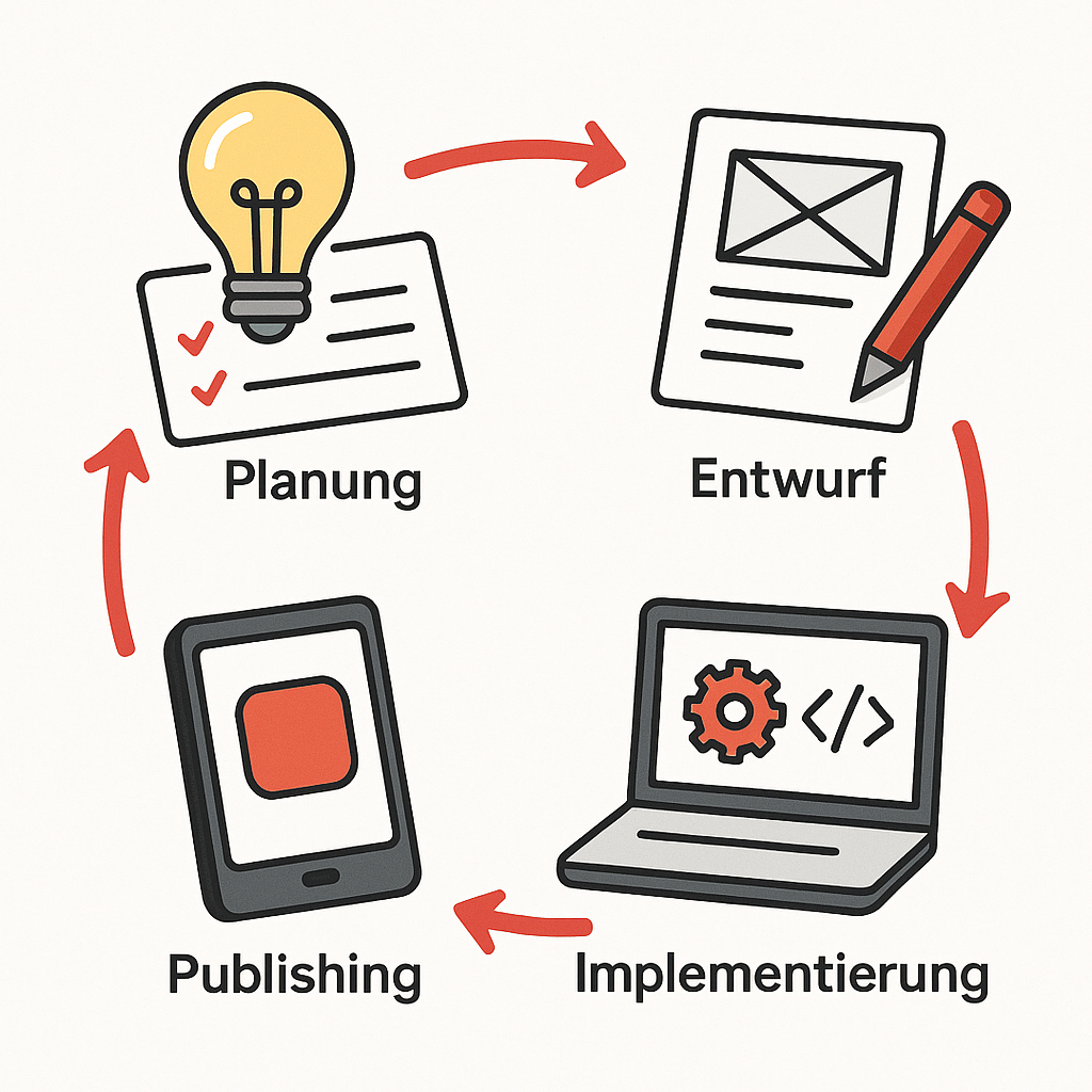 30-Tage MVP Entwicklungsprozess: Planung → Entwurf → Implementierung → Publishing